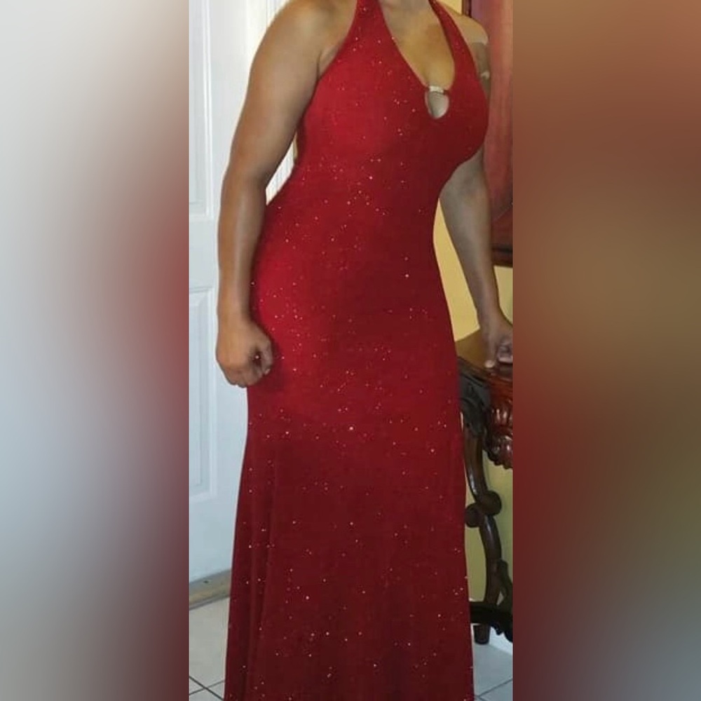 Cache Red Halter Maxi Dress with Sparkle Stretch Open Back. Size 6